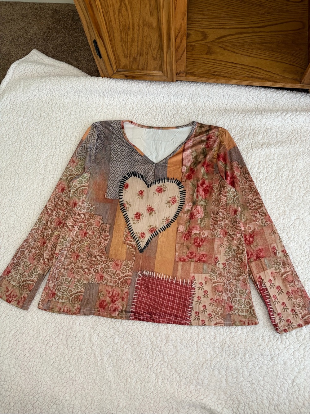 Patchwork Floral Heart V-Neck Long Sleeve Top – Multicolor – Size XXLarge